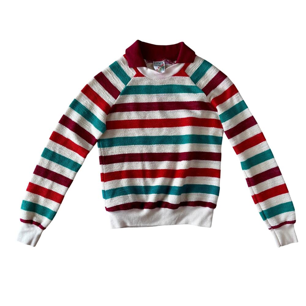 Vintage 1970s Bloomin Tulips Striped Cotton Sweater Red Green White Small